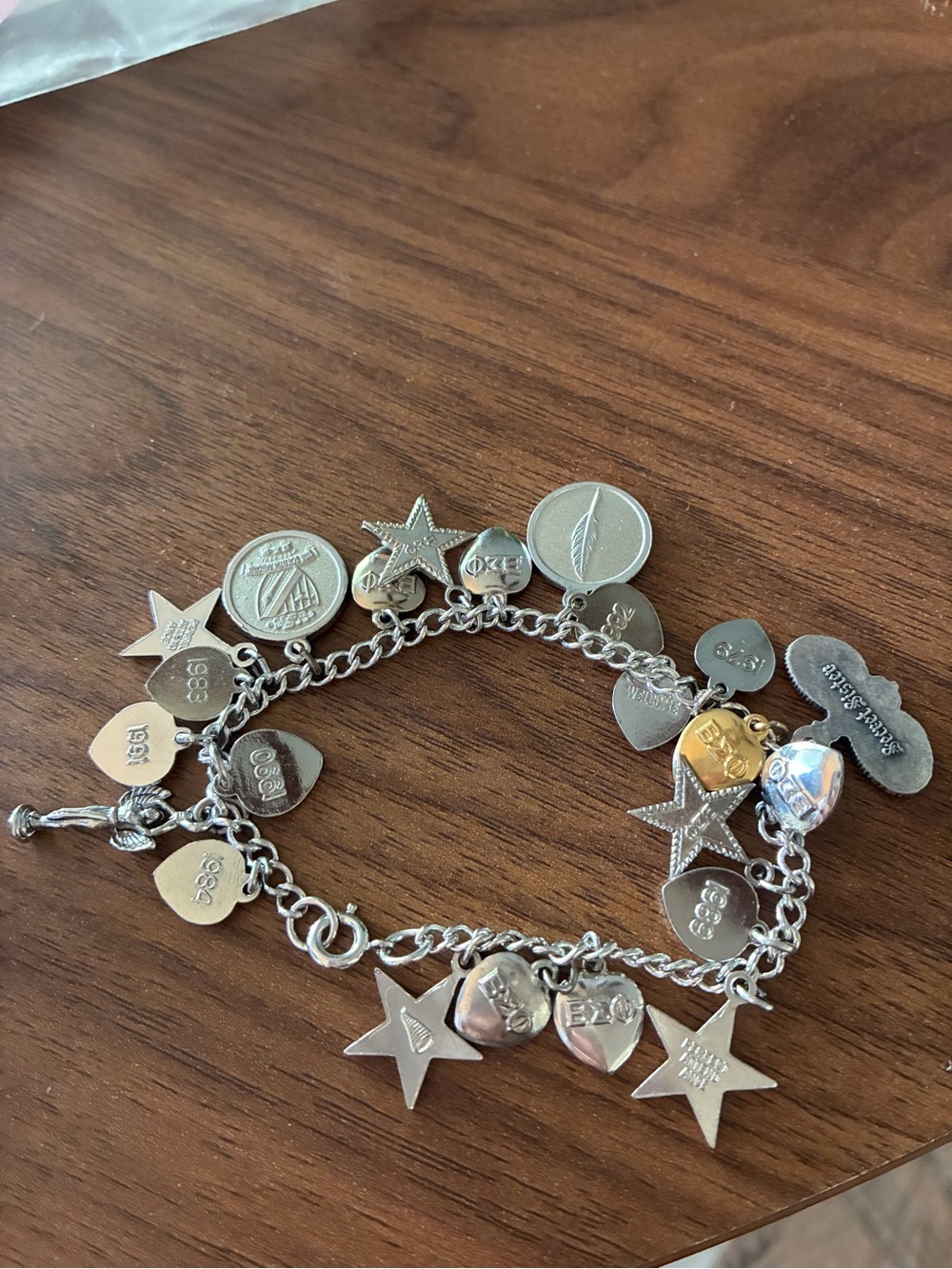Beta Sigma Phi Sorority Charm Bracelet, silver heart star charms,1980-1990’s